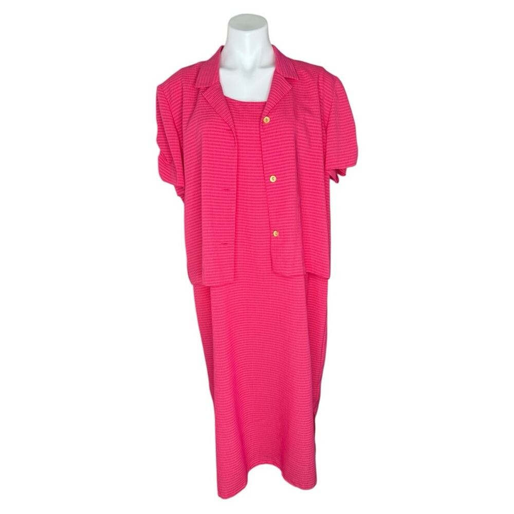Y2K Hot Pink Dress Cardigan Set Plus 18 Micro Plaid Rayon Blend Teacher Office